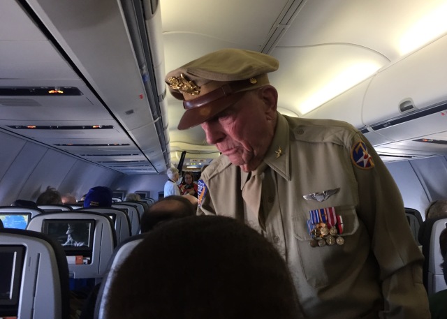 Day 11A - 92-Year Old P51 Mustang  Pilot who Served on Iwo Jima Walking the Aisle of our United Flight