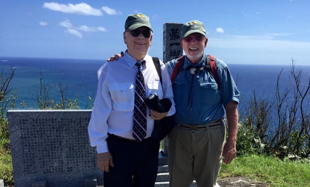 Day 11A - Frank and Bill Stand Beside one of the Several Monuments Atop Mt. Suribachi.